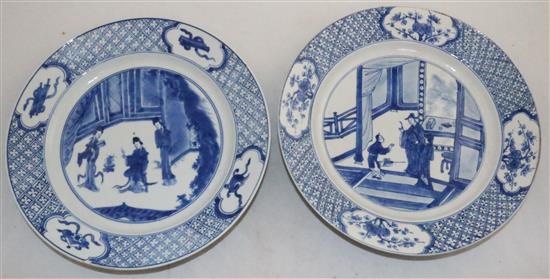 Two Chinese blue and white plates, Kangxi period, 26cm, rim nibbles and one plate cracked